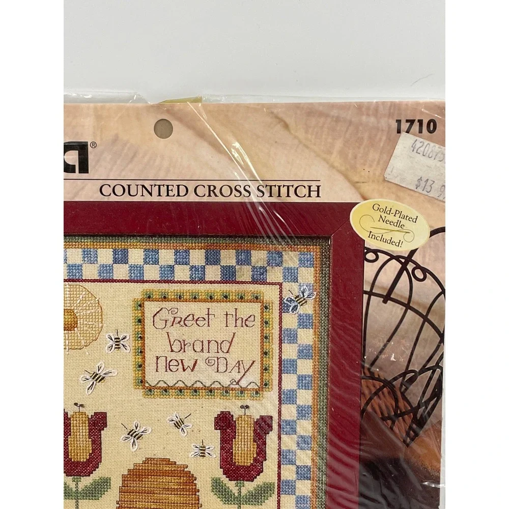 Vtg Bucilla 1710 Greet the New Day Counted Cross Stitch Kit Beehive Tulips 8x10